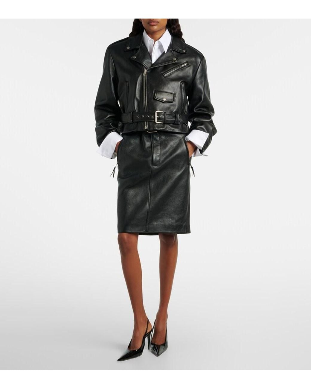 Saint Laurent Black Cropped Leather Biker Jacket
