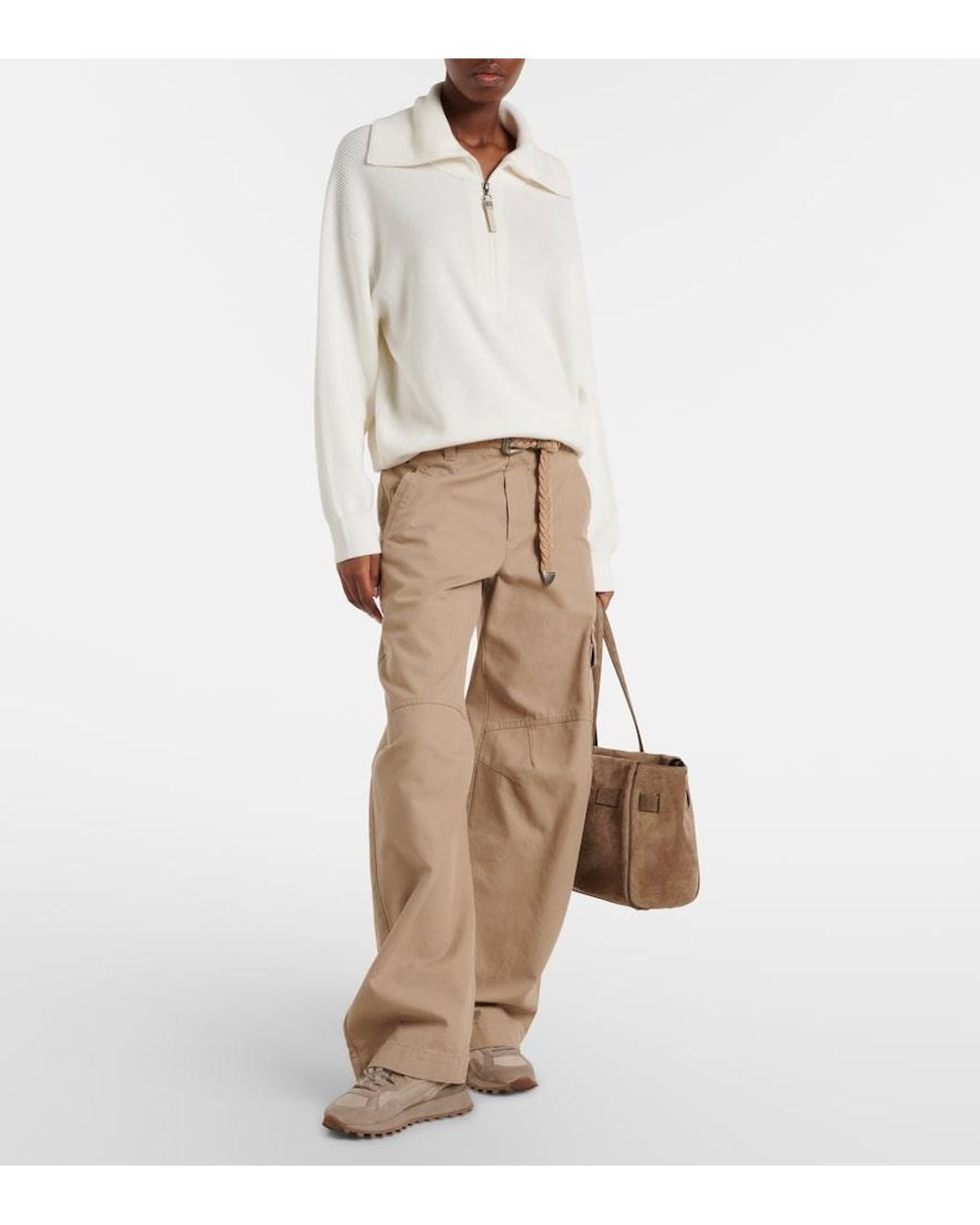 Brunello Cucinelli White Monili Oversized Cotton Half-Zip Sweater