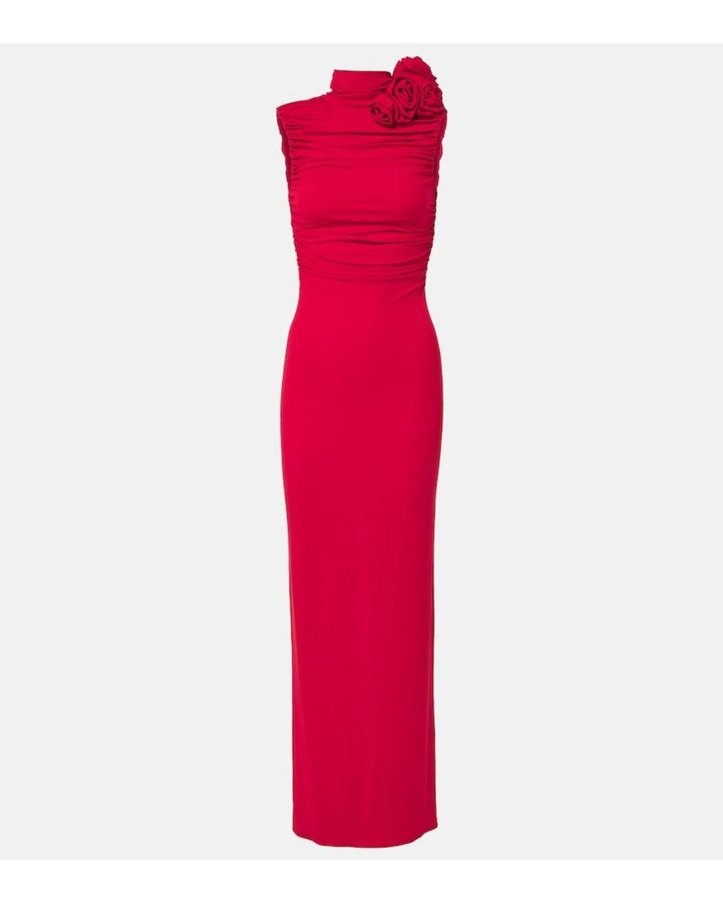Magda Butrym Red Floral-Applique Ruched Jersey Gown
