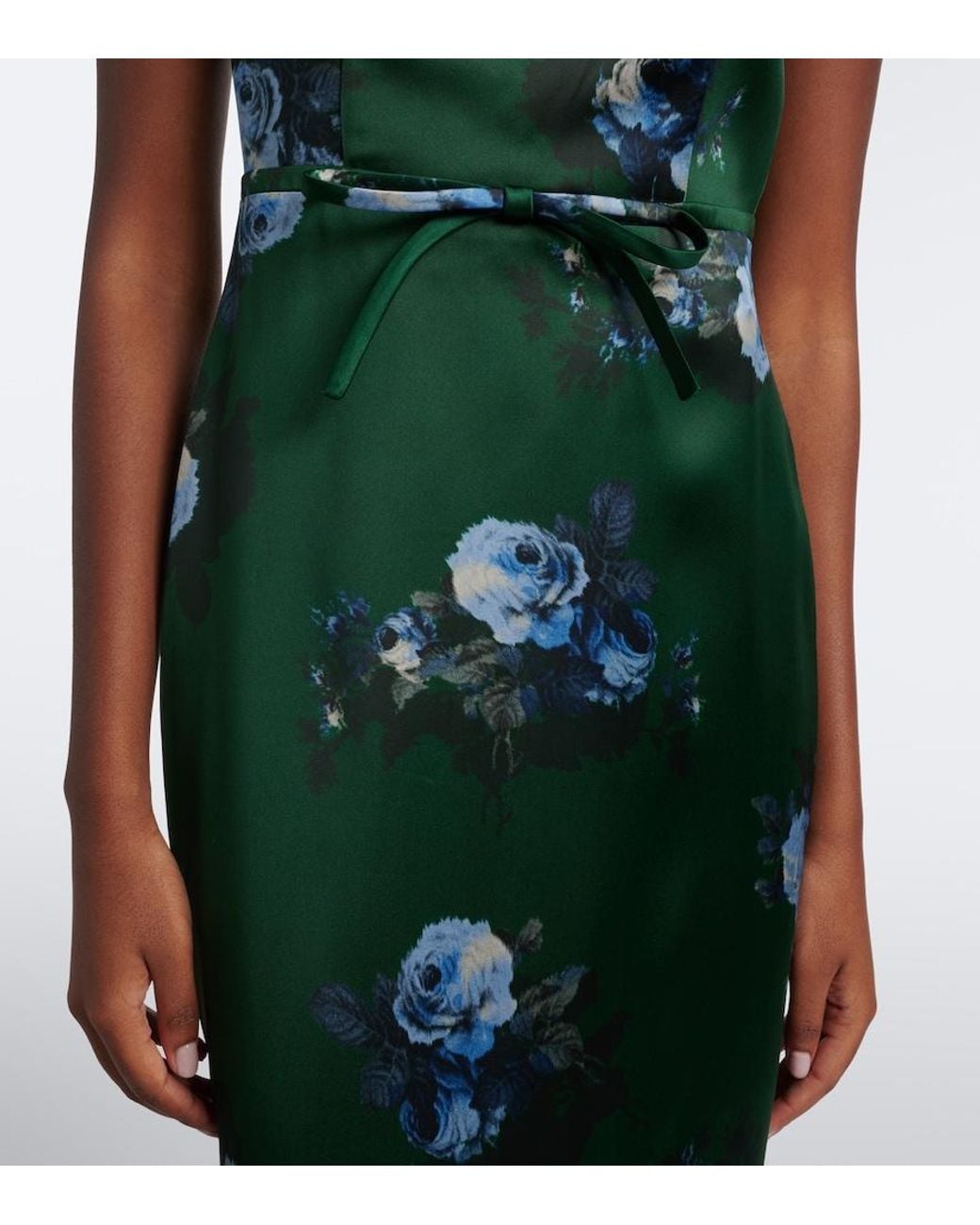 Erdem Green Belted Floral Duchess Satin Gown