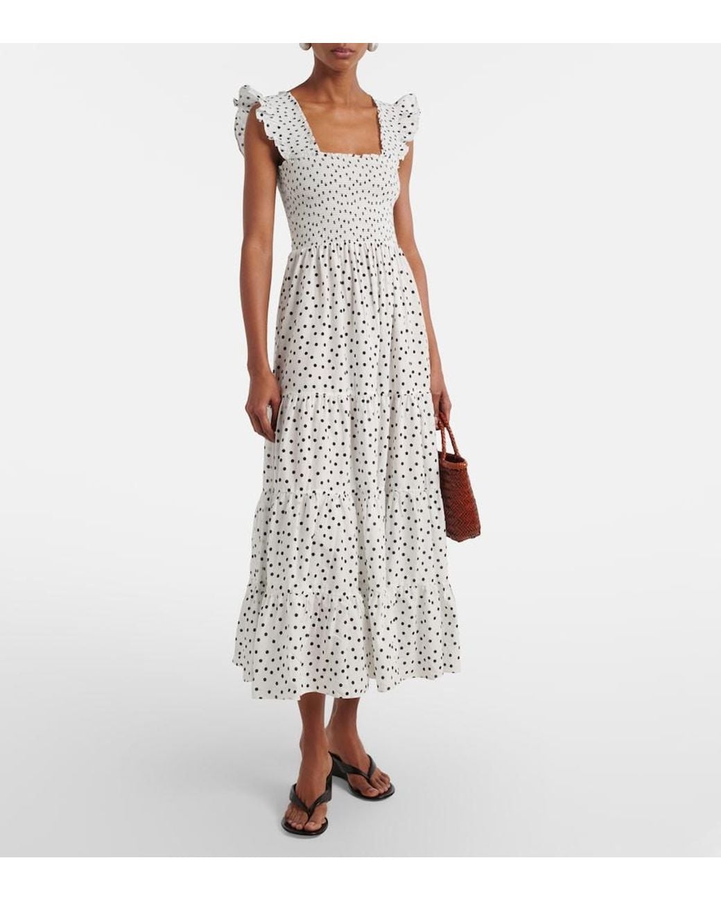 Rixo White Kendall Polka-Dot Cotton Midi Dress