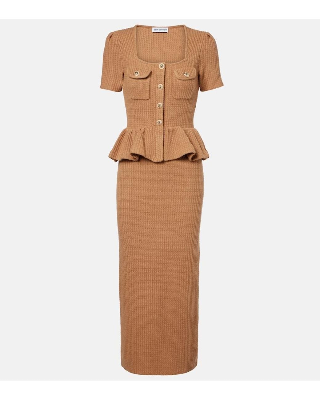 Self-Portrait Brown Peplum Waffle-Knit Midi Dress