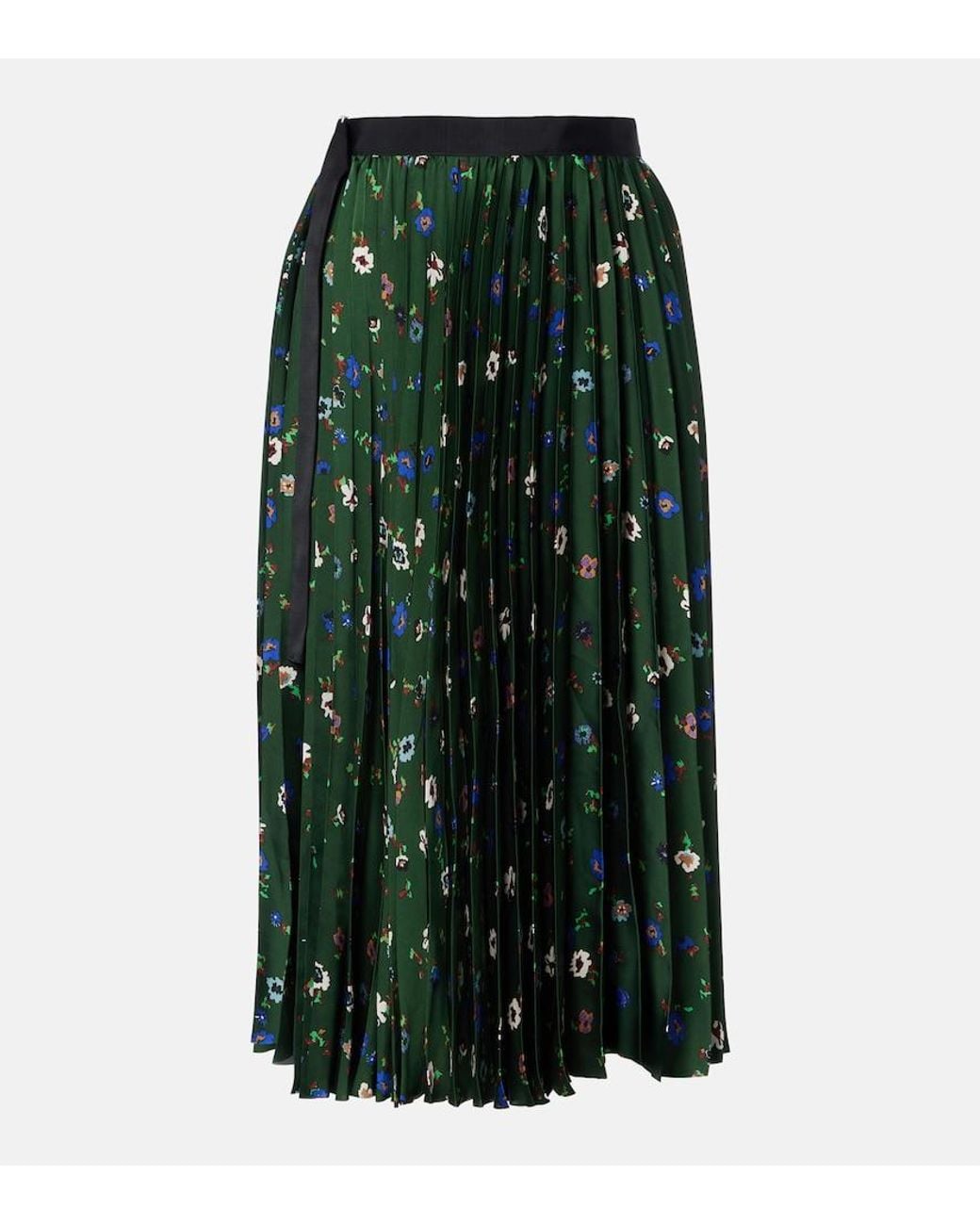 Sacai Green Floral Plisse Satin Midi Skirt