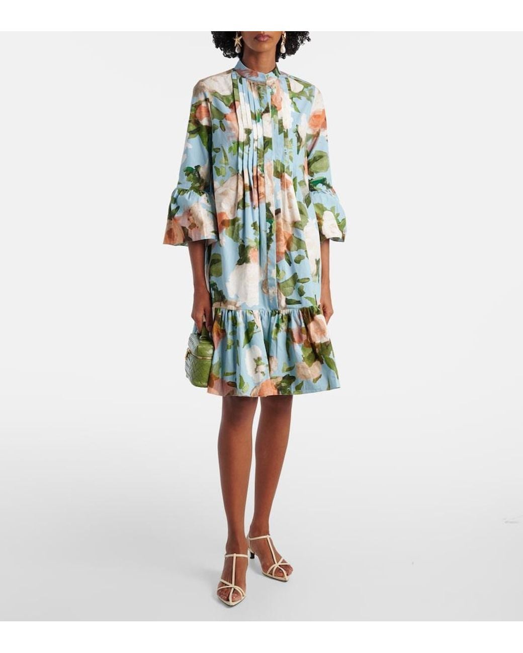 Erdem Green Floral Gathered Cotton Poplin Minidress