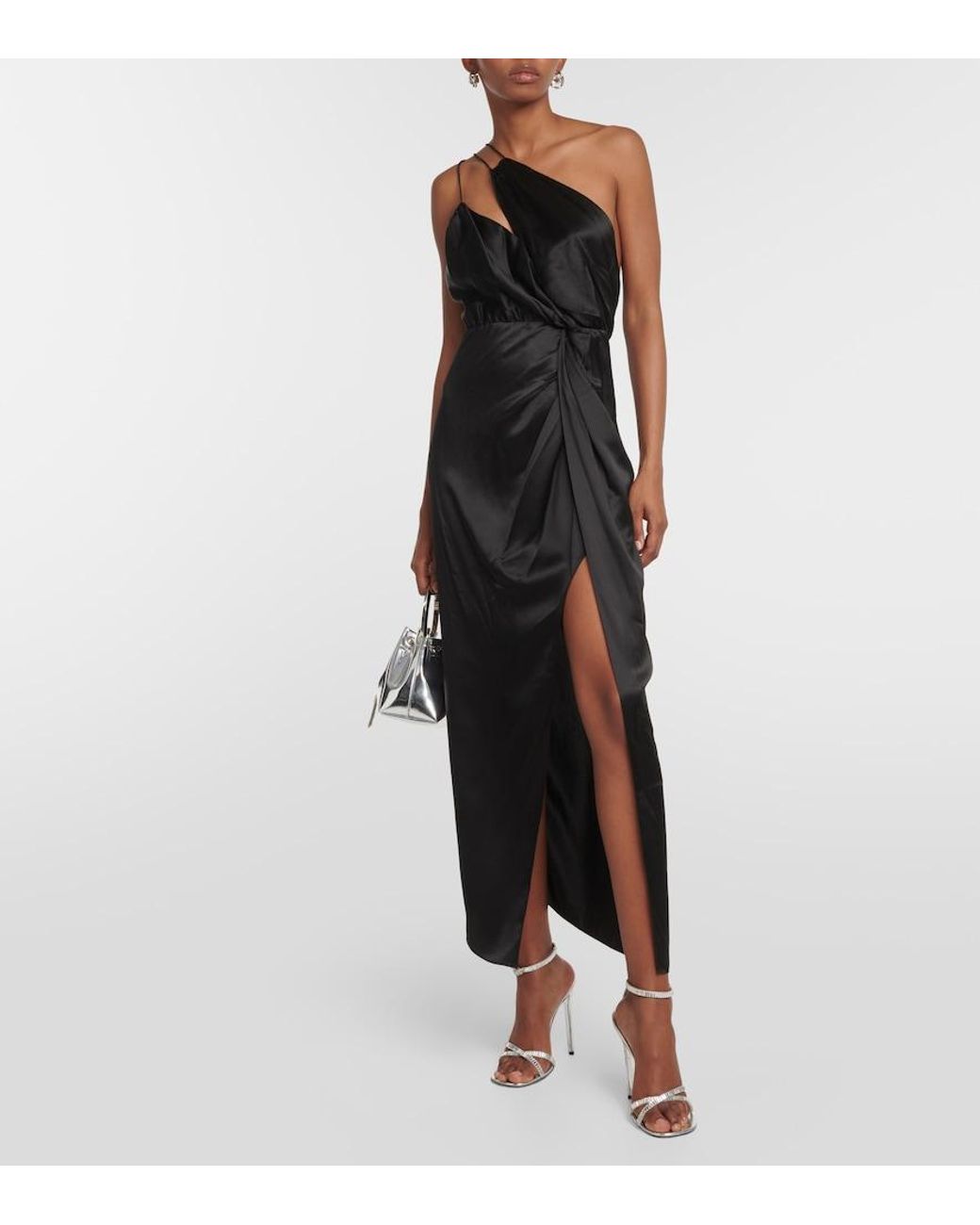 The Sei Black One-Shoulder Silk Midi Dress