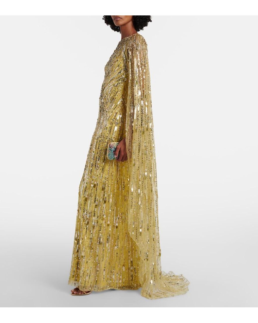 Jenny Packham Metallic Elio Embellished Caped Gown
