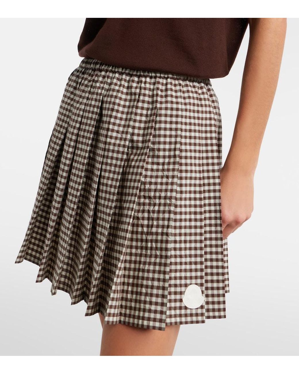 Moncler Brown Pleated Gingham Cotton-Blend Miniskirt