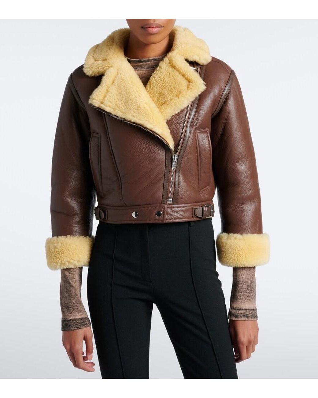 Acne Brown Shearling-Trimmed Leather Biker Jacket