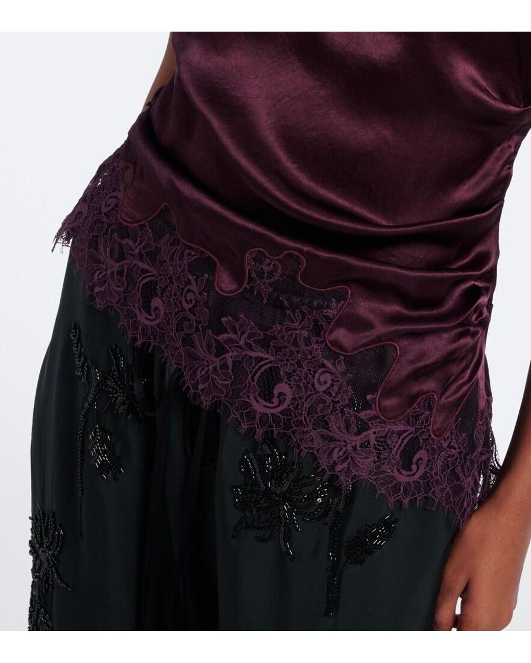 JACQUES WEI Purple Ruched Lace-Trimmed Satin Camisole