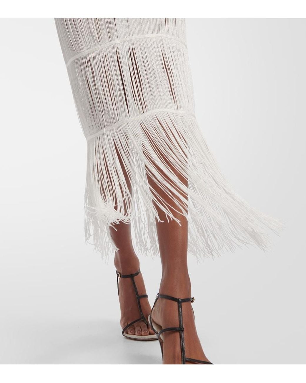 Khaite White Zare Fringed Ribbed-Knit Maxi Dress