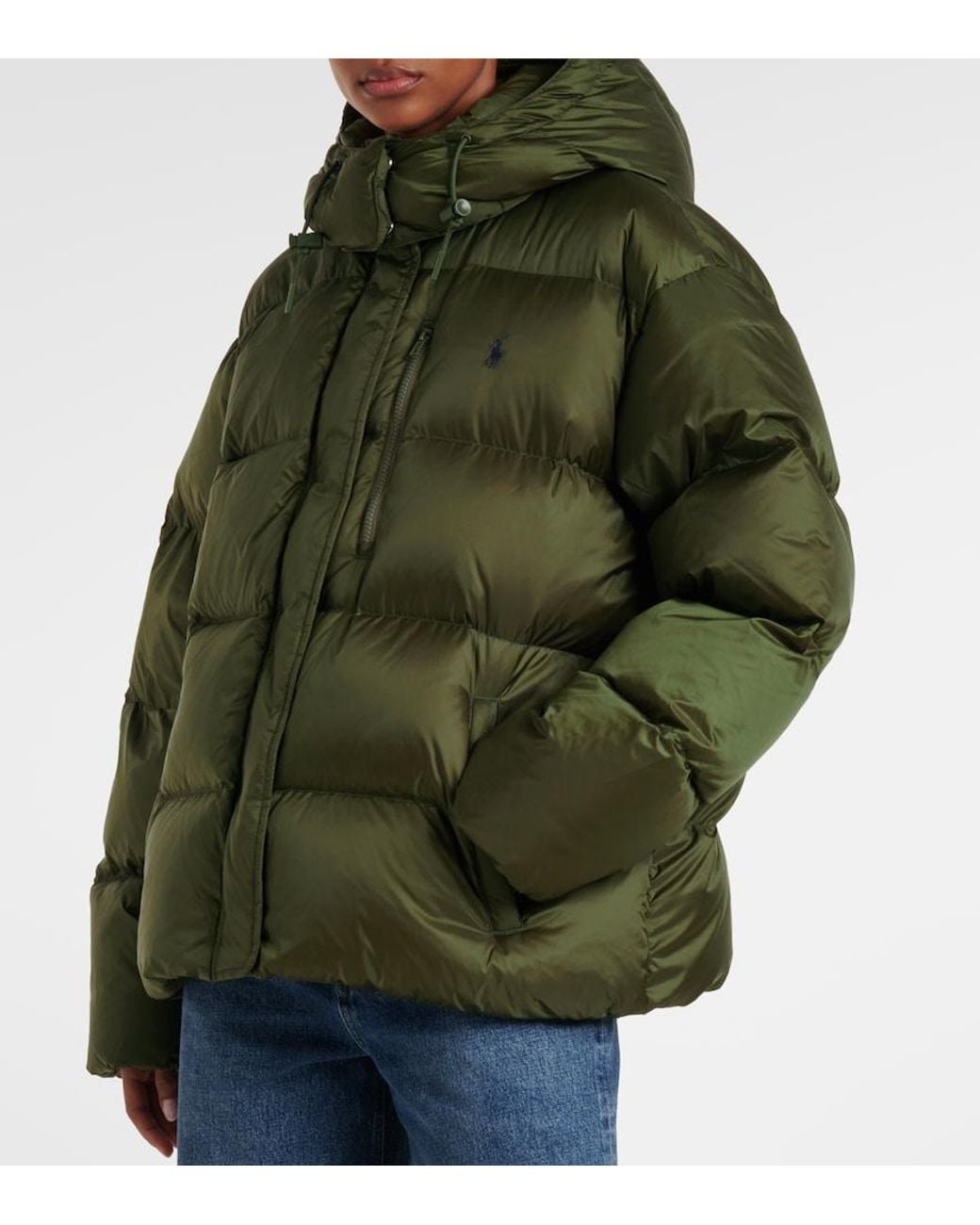 Ralph Lauren Green Carly Water-Repellent Quilted Duck Down Wind Resistant Detachable Hood Short Puffer Jacket