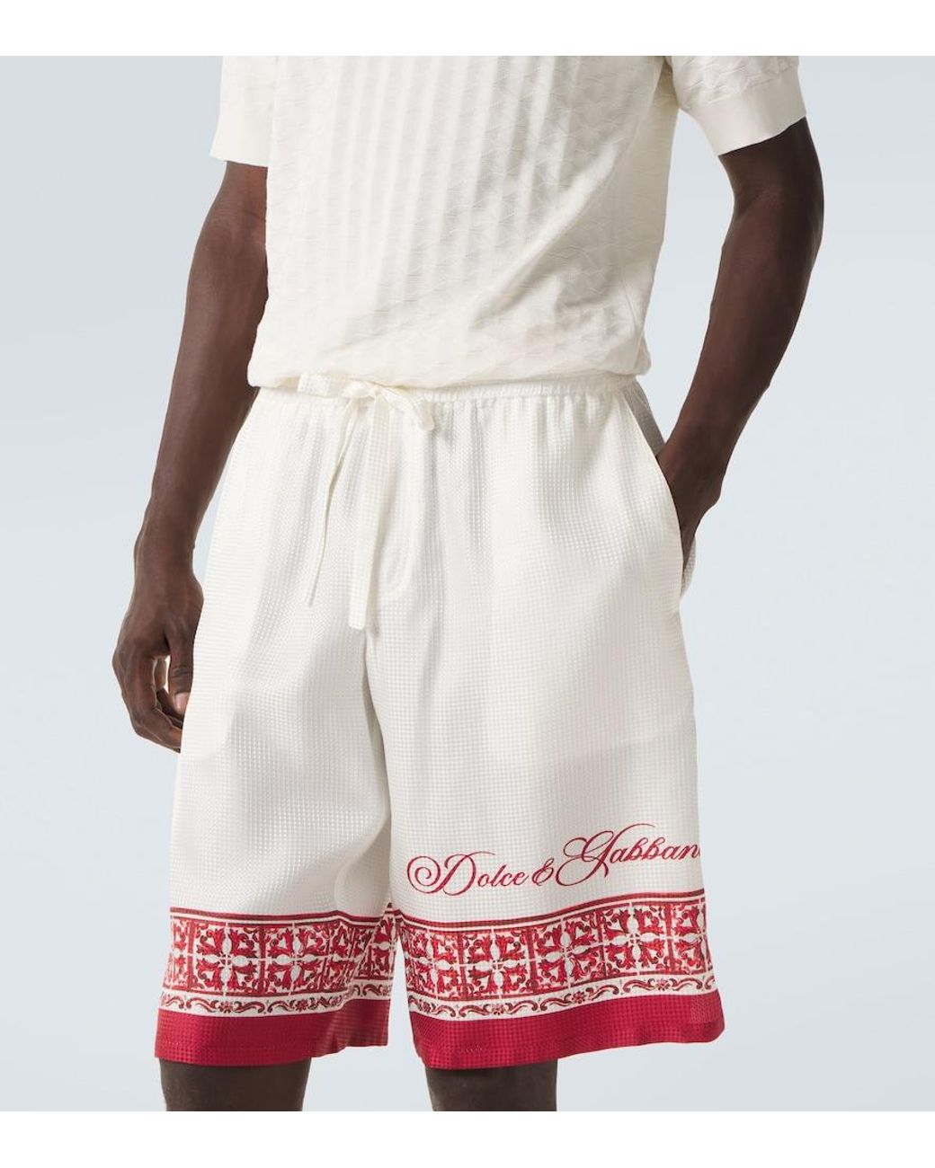 Dolce & Gabbana White Majolica Silk Twill Jacquard Bermuda Shorts for men