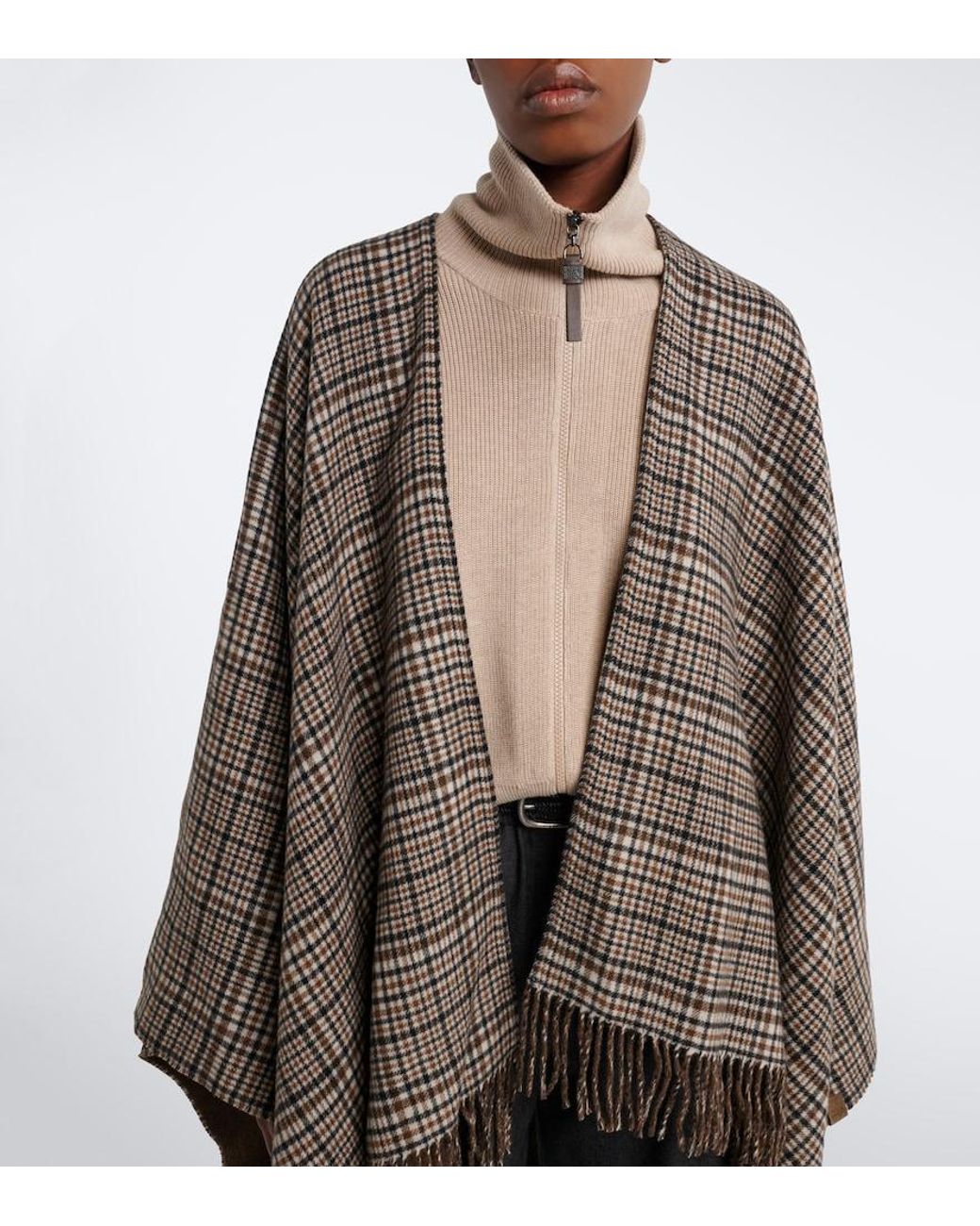 Brunello Cucinelli Brown Checked Cashmere Poncho