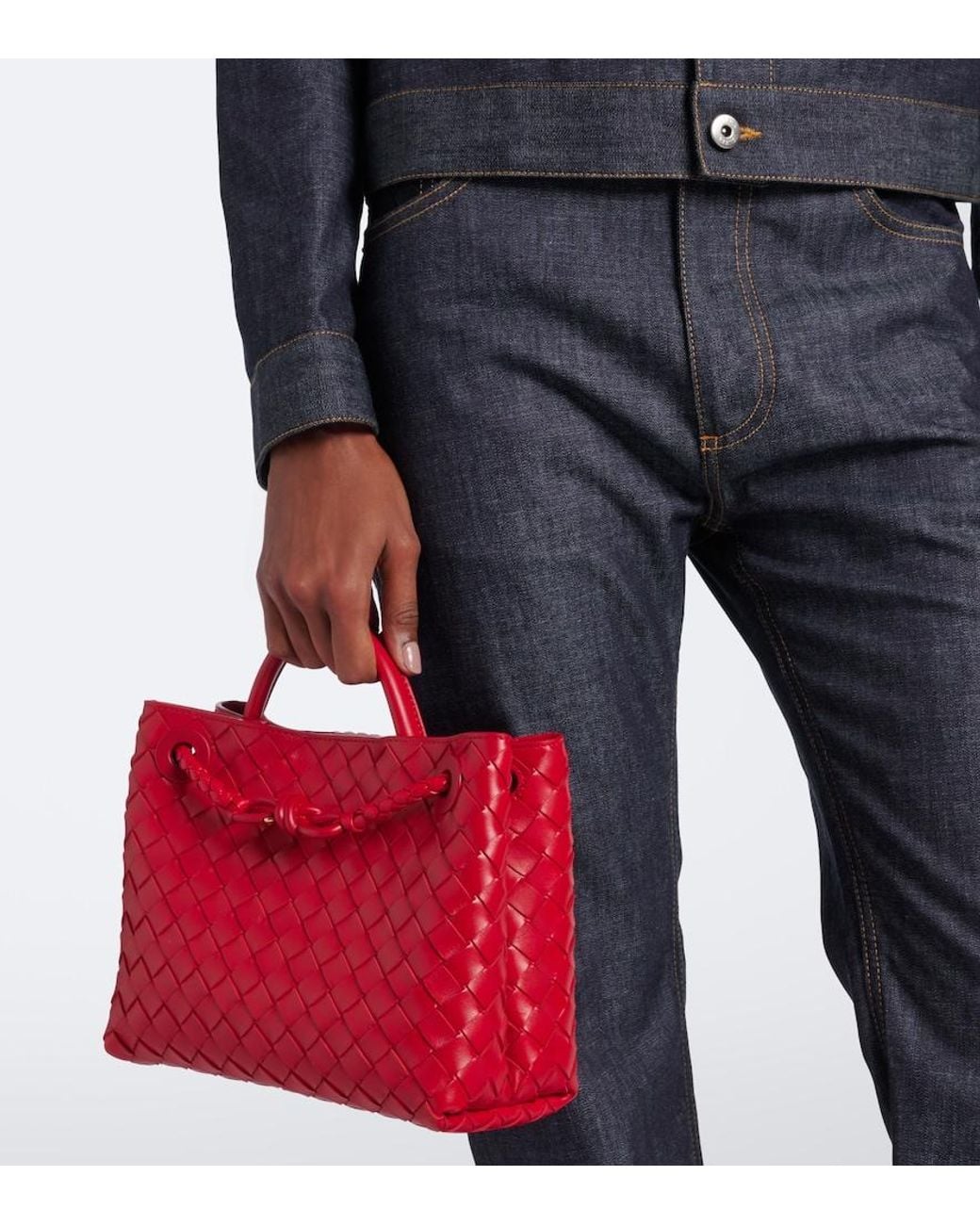 Bottega Veneta Red Andiamo Intrecciato Small Leather Tote Bag