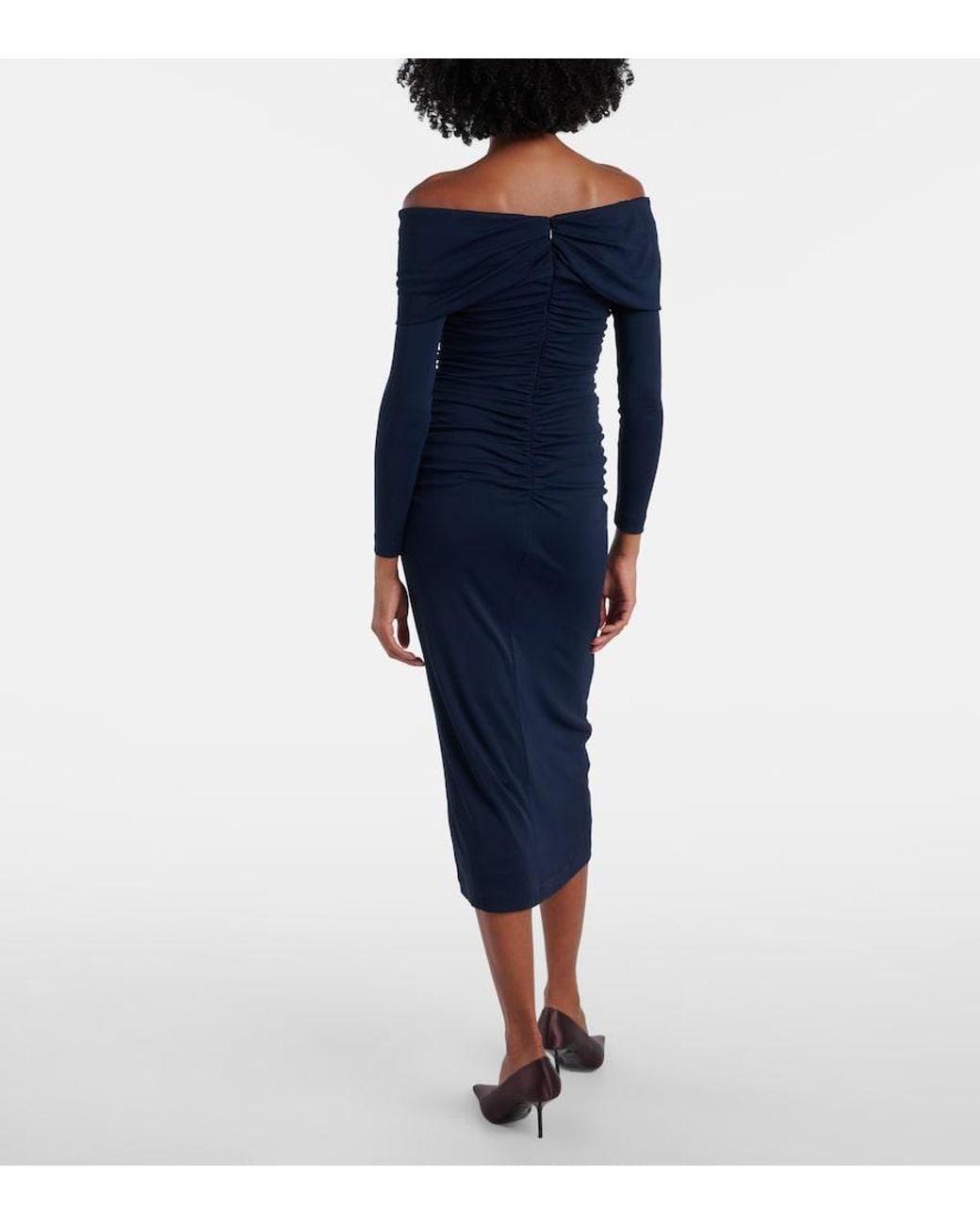 Carolina Herrera Blue Off-Shoulder Ruched Midi Dress