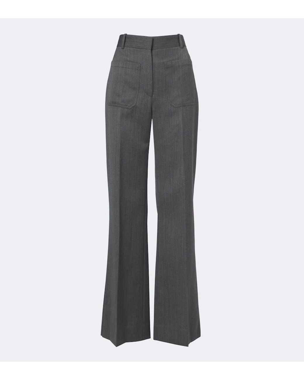 Victoria Beckham Gray Alina Herringbone Virgin Wool Wide-Leg Pants