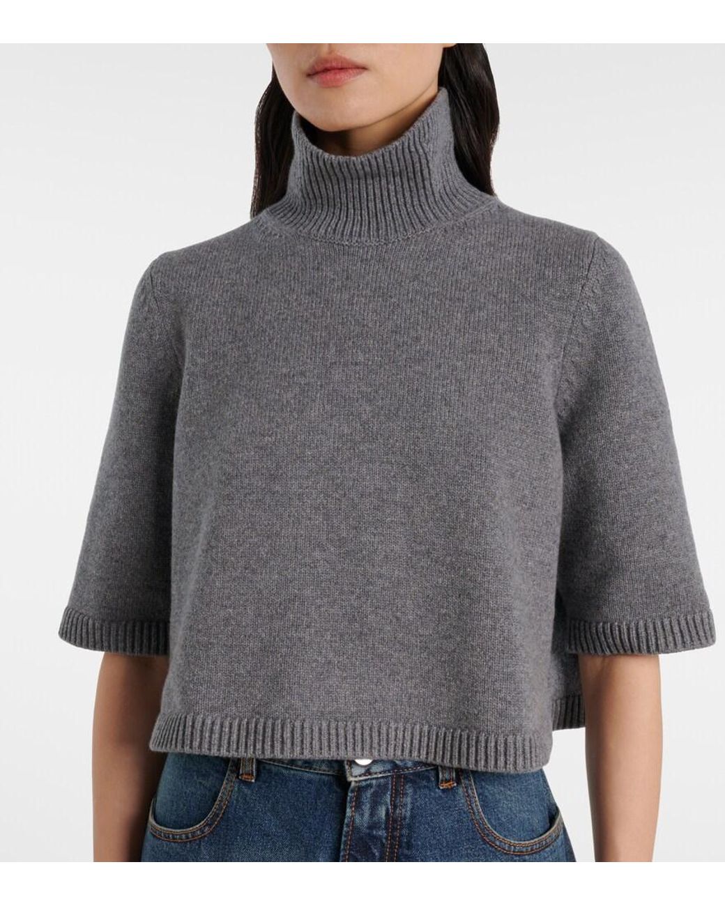 Alaïa Gray Cropped Cashmere-Blend Turtleneck Top