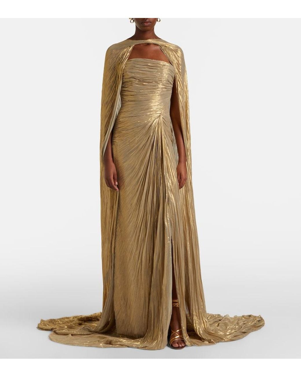 Marmar Halim Natural Caped Pleated Bustier Gown