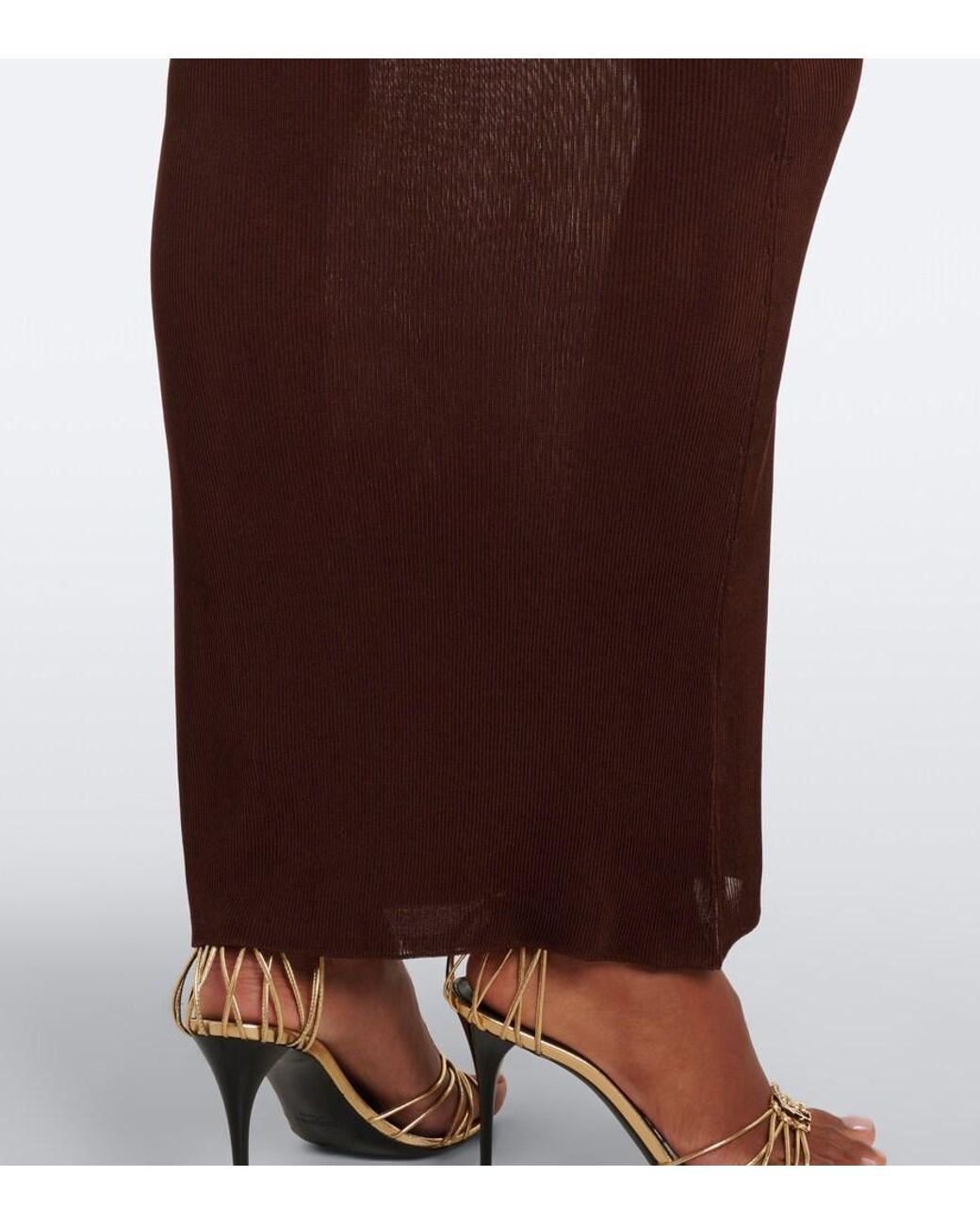 Saint Laurent Brown Cassandre Ribbed-Knit Silk Maxi Dress