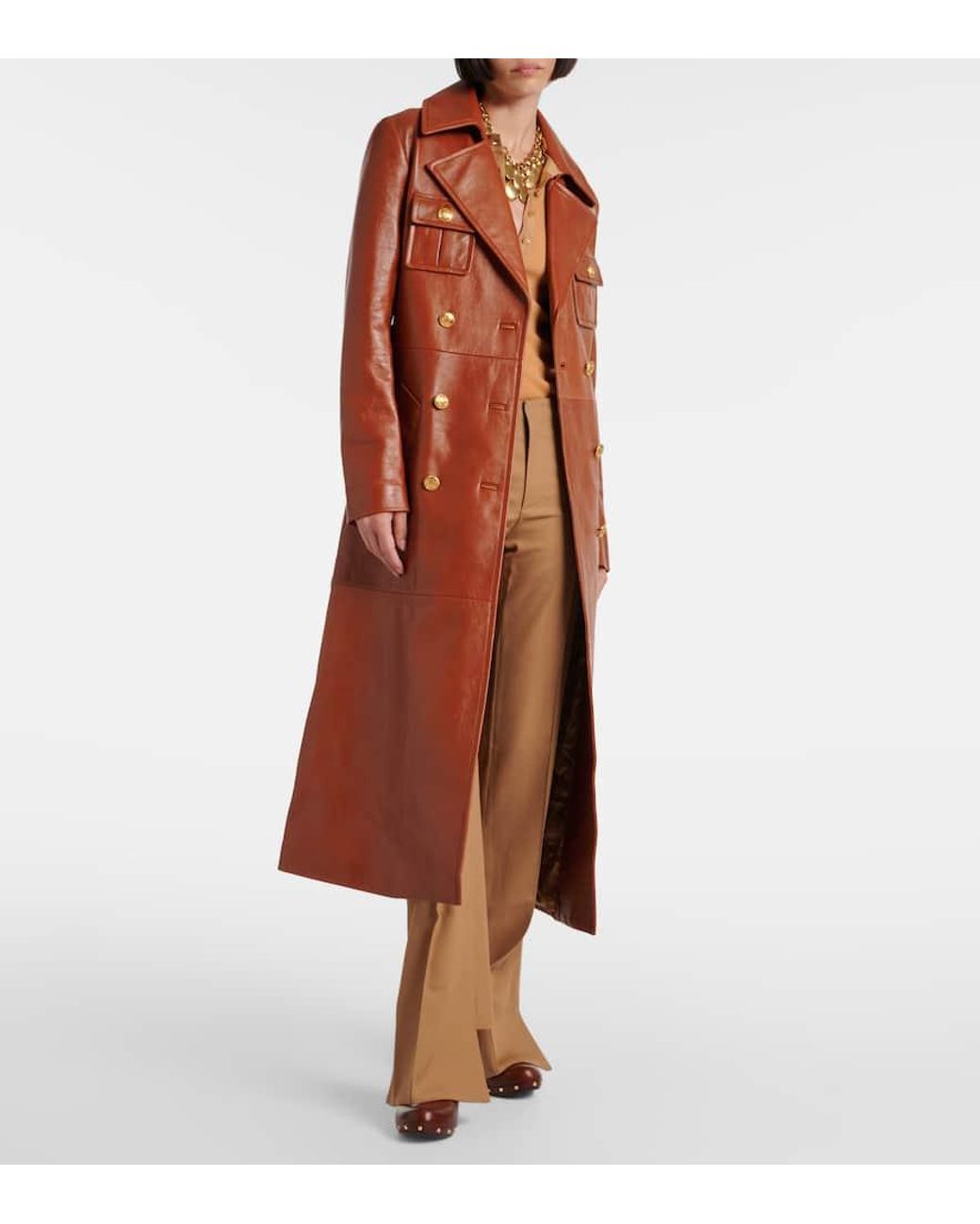 Chloé Double-Breasted Belted Leather Coat in Brown | Lyst UK
