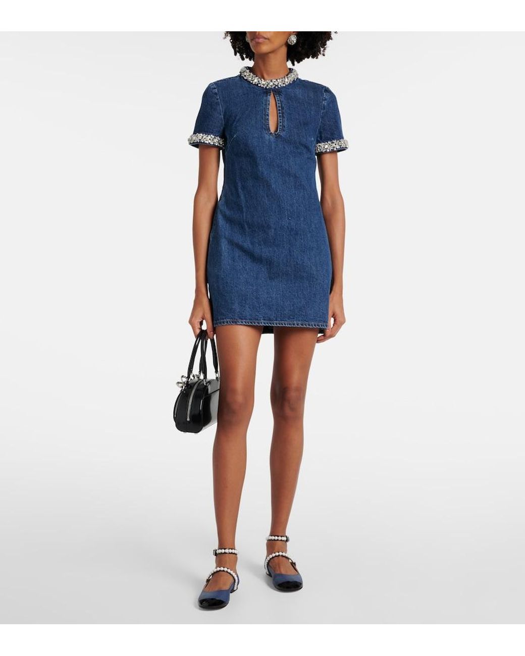 Mach & Mach Blue Embellished Denim Mary Jane Flats