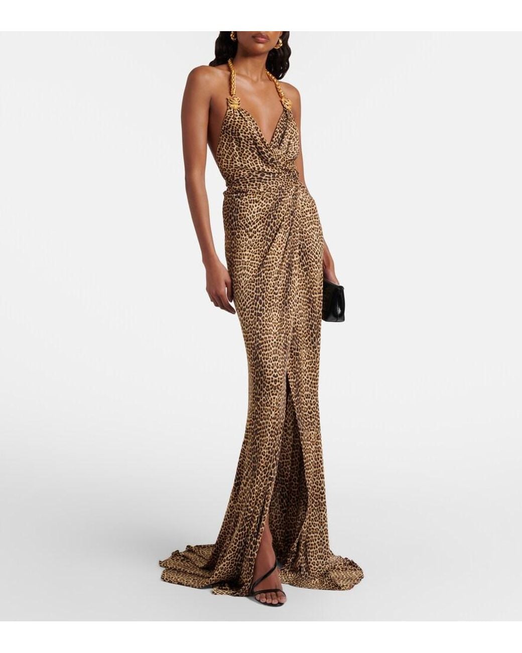 Roberto Cavalli Brown Embellished Open-Back Gown