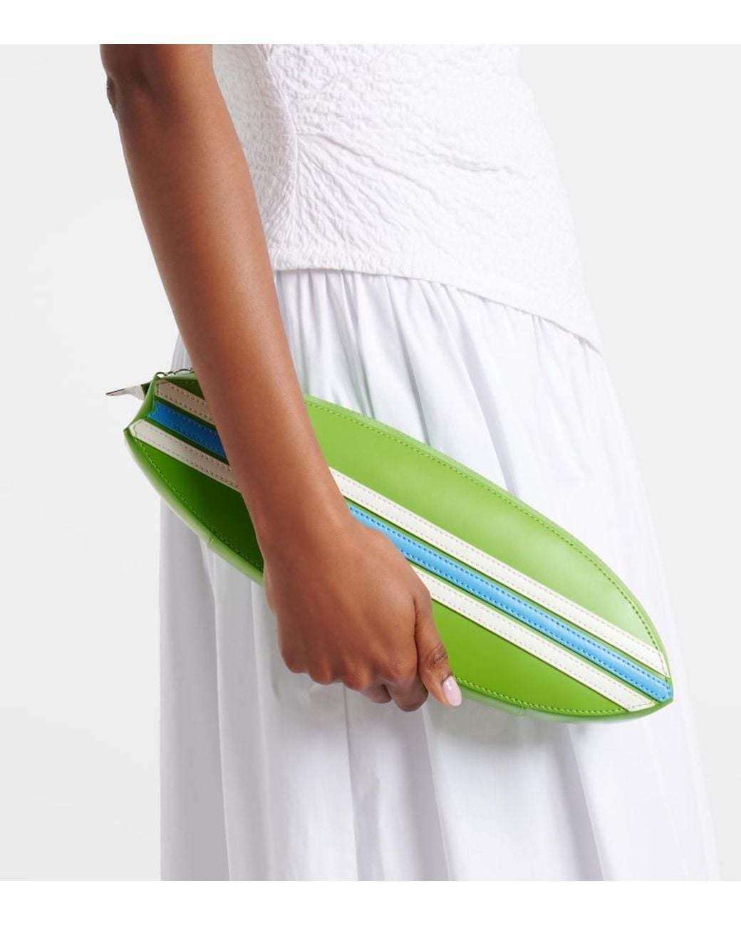 Staud Green Surfboard Striped Leather Clutch