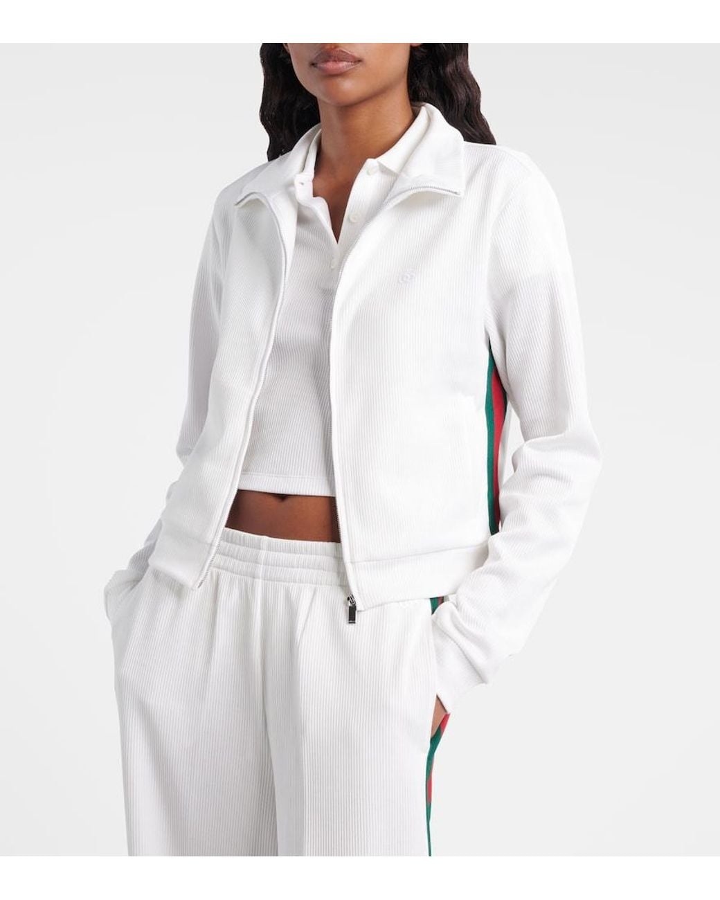 Gucci White Ribbed-Knit Cropped Sweatshirt