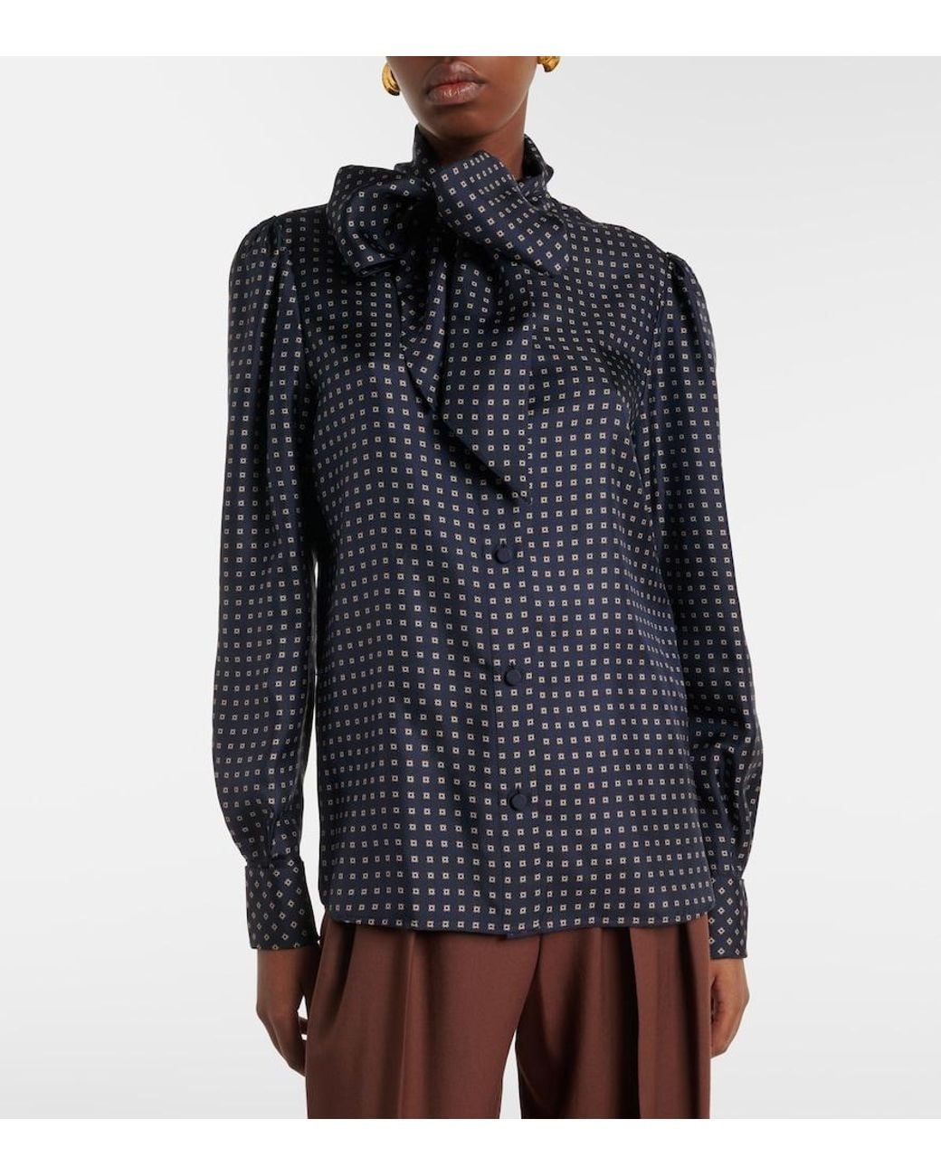 Saint Laurent Blue Printed Tie-Neck Silk Crepe De Chine Blouse