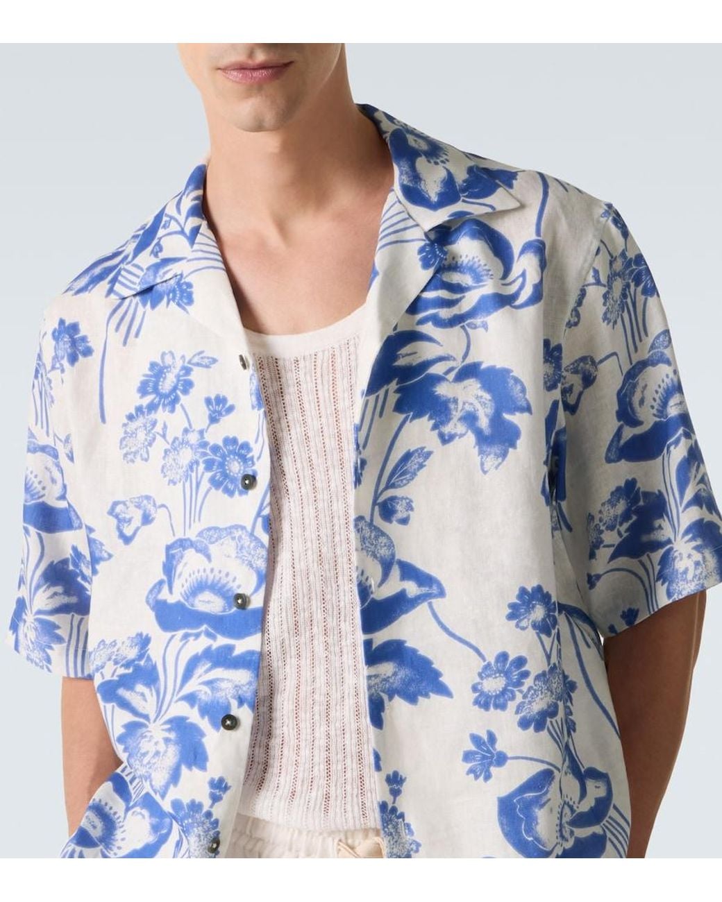 Commas Blue Floral Linen Bowling Shirt for men
