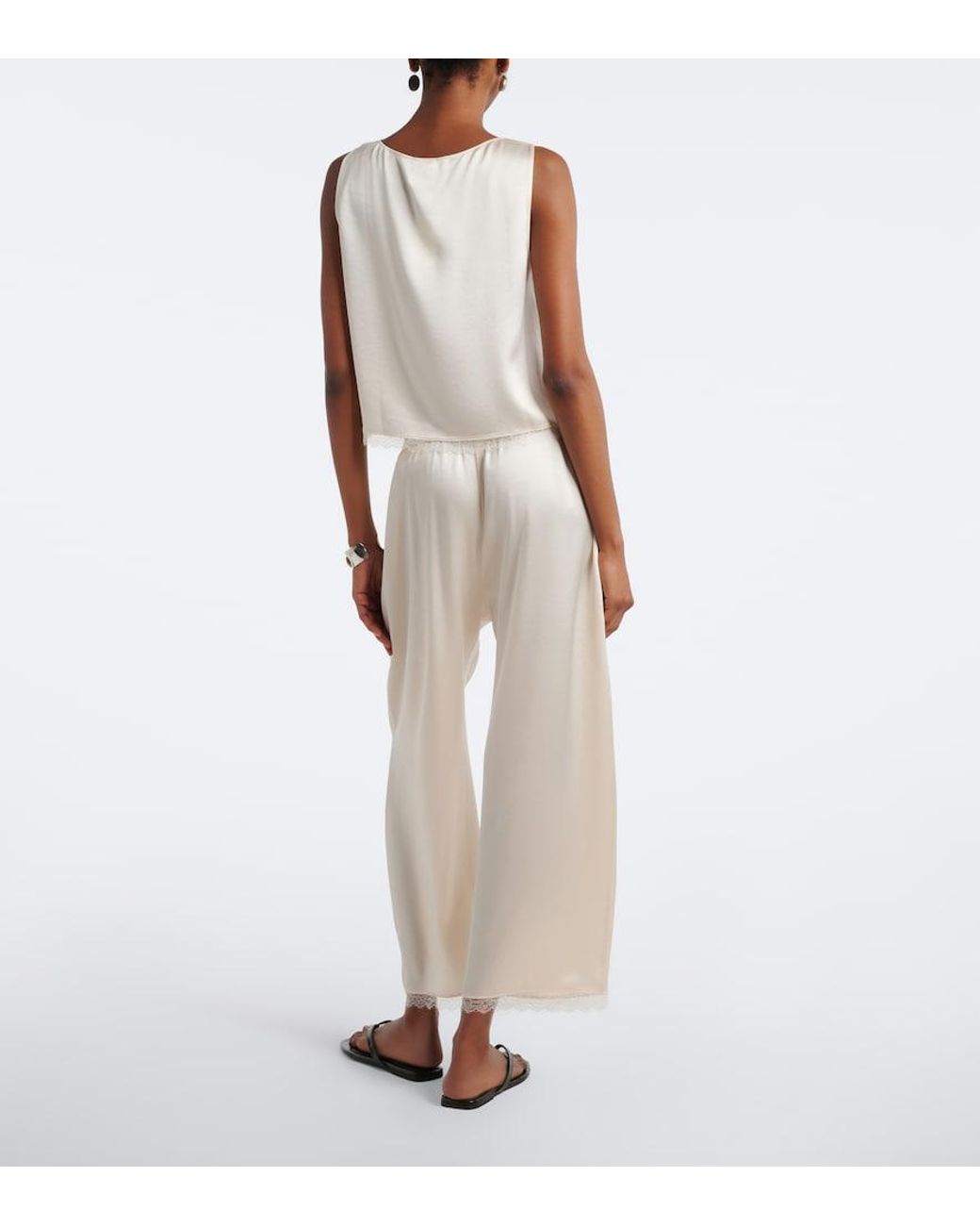 Leset Natural Barb Lace-Trimmed Satin Wide-Leg Pants