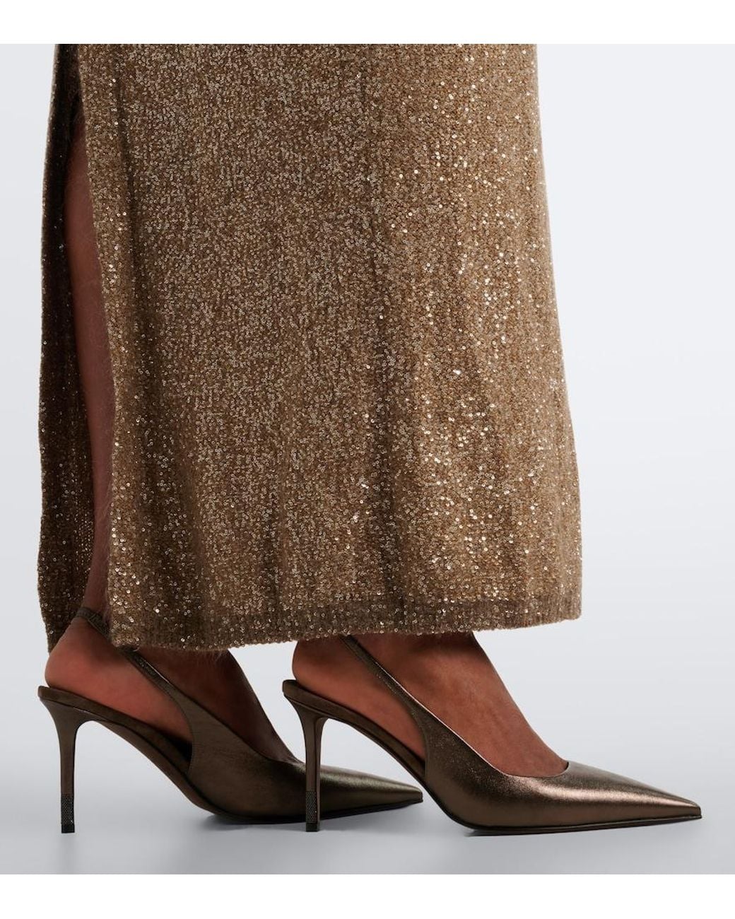 Brunello Cucinelli Brown Monili Metallic Leather Slingback Pumps