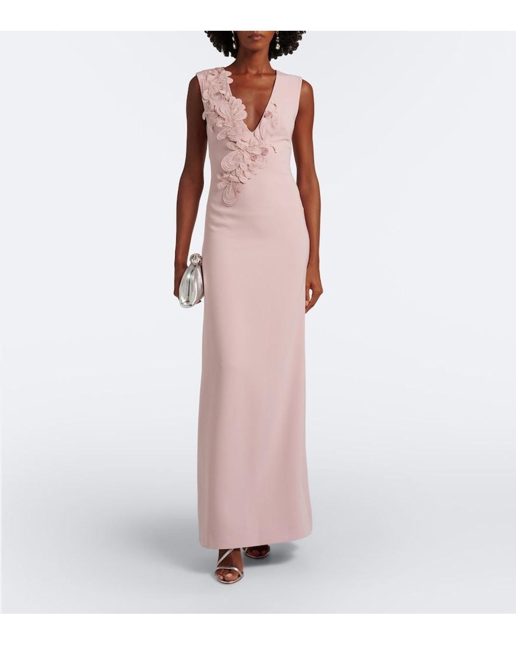 Costarellos Purple Jevi Embellished Floral Applique Crepe Gown