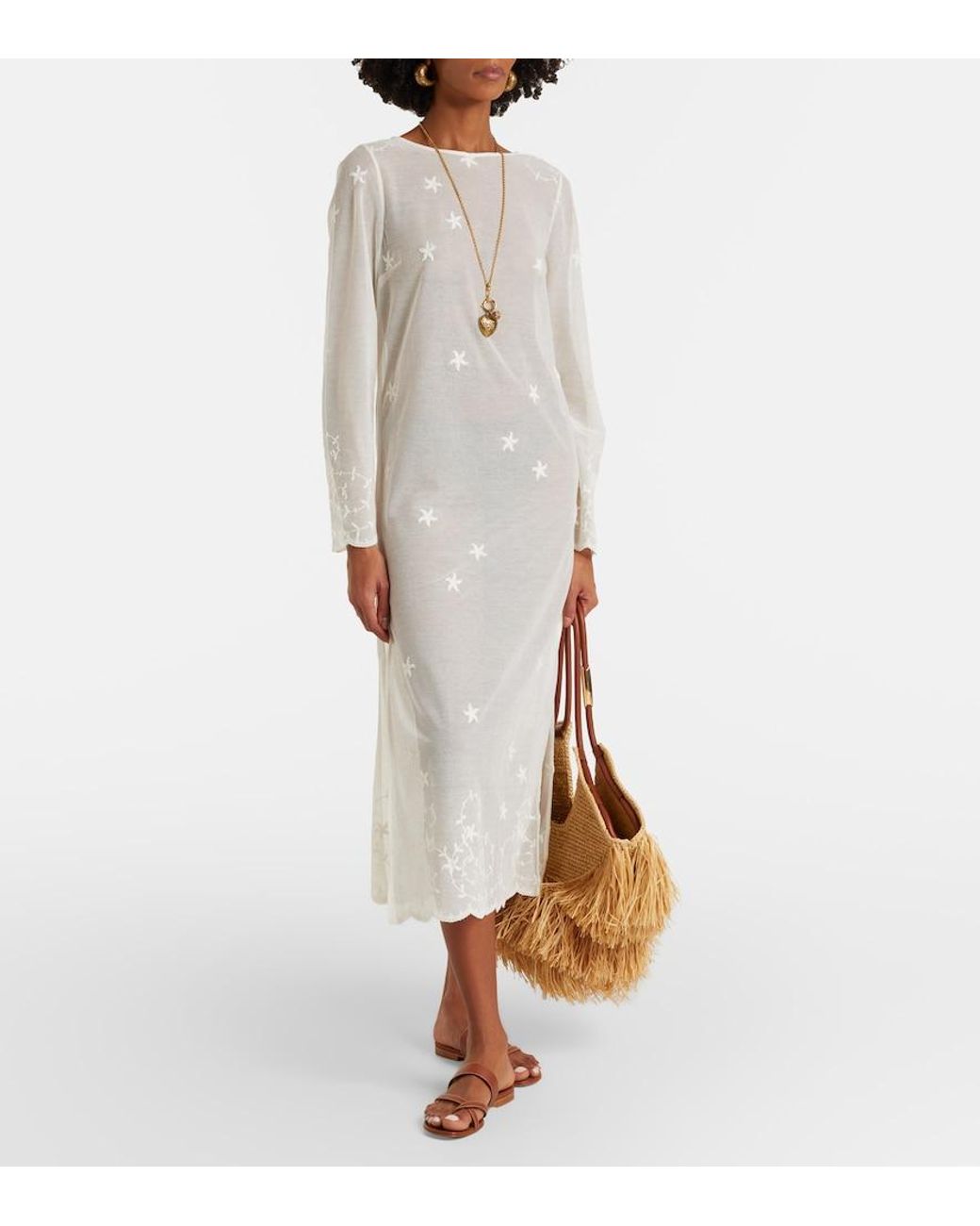 Posse White Cove Embroidered Sheer Cotton Tulle Kaftan