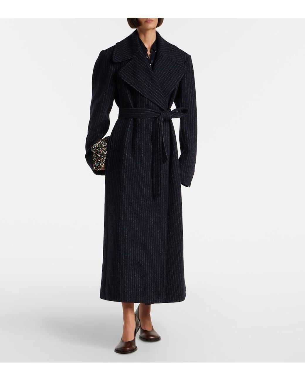 Dries Van Noten Black Belted Pinstriped Wool Coat