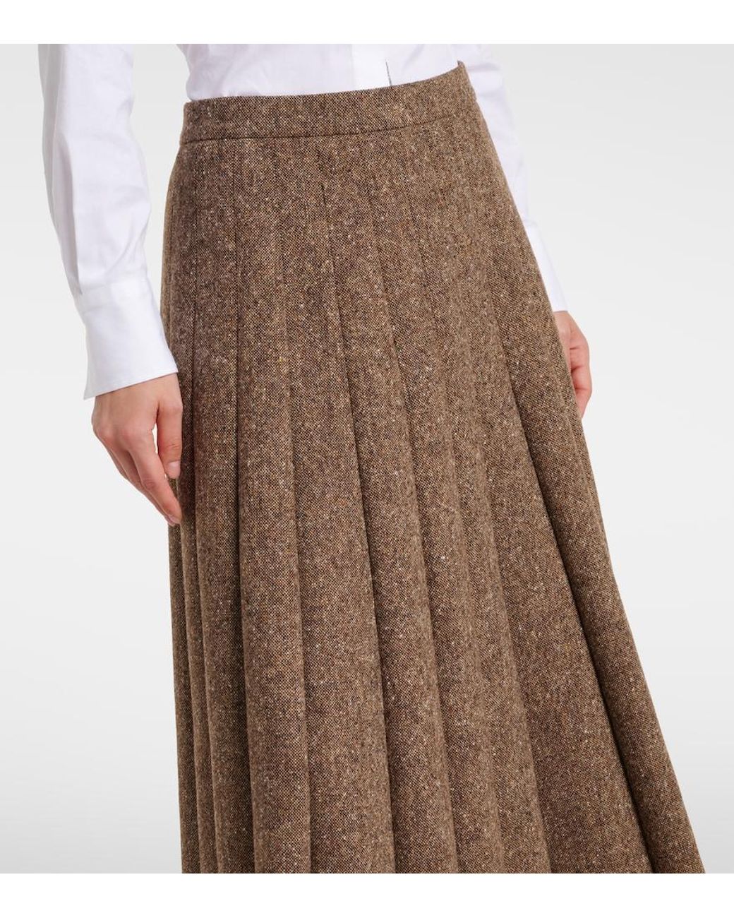 Brunello Cucinelli Brown Pleated Wool-Blend Tweed Midi Skirt