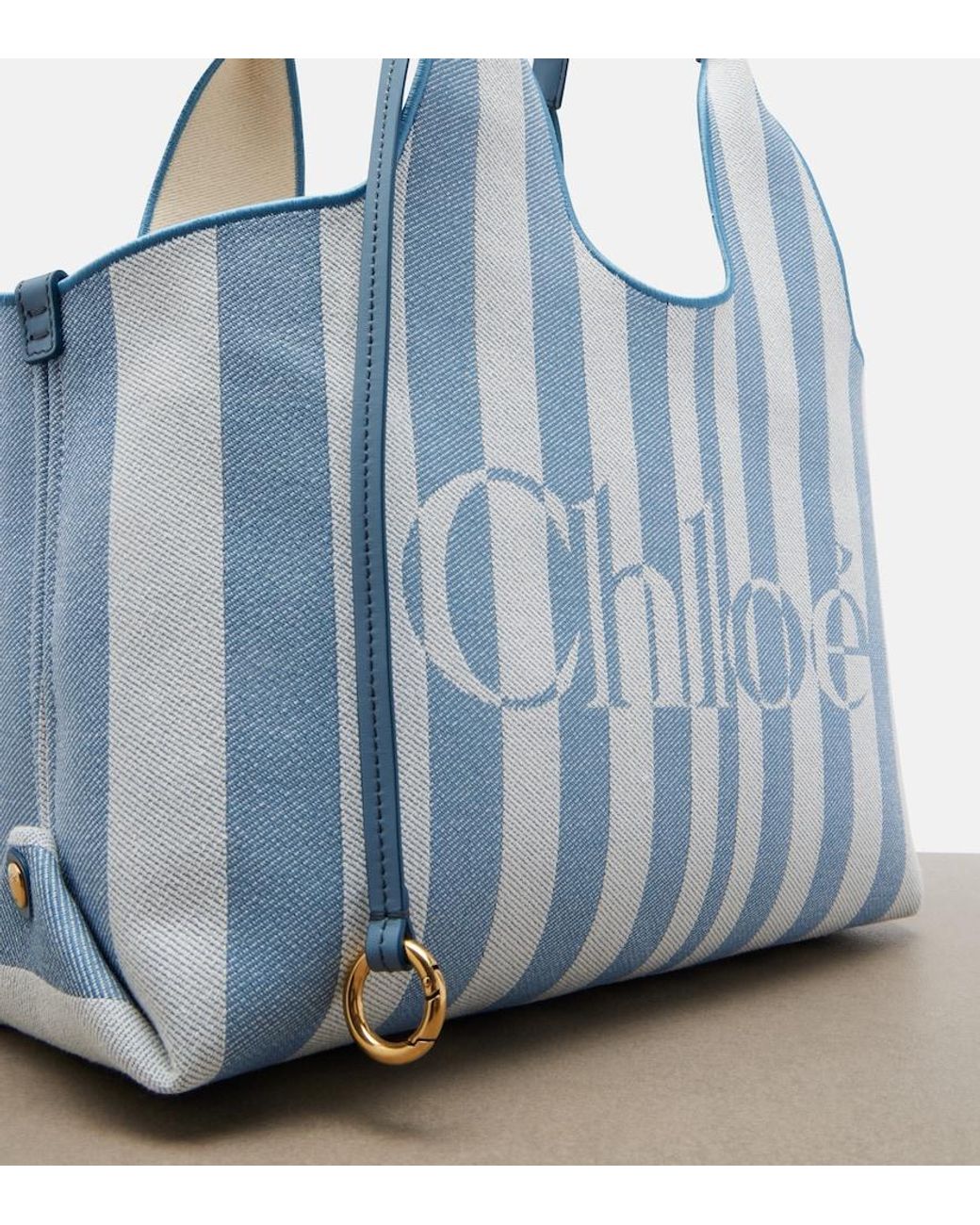 Chloé Blue Stripy Large Logo Canvas Tote Bag