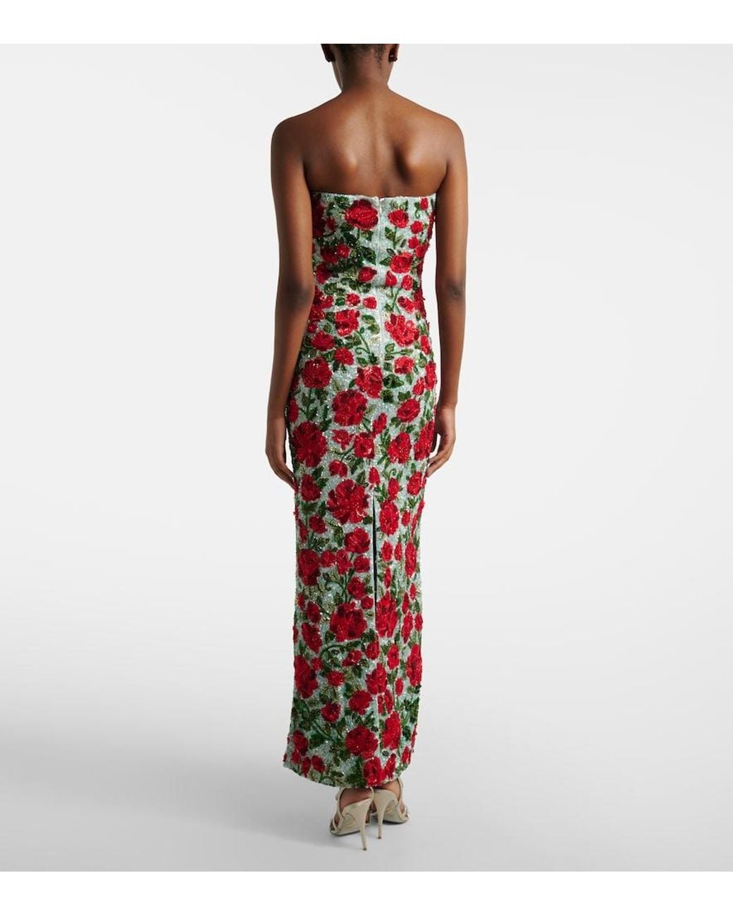 La Fuori Red Crimson Rose Embellished Bustier Gown