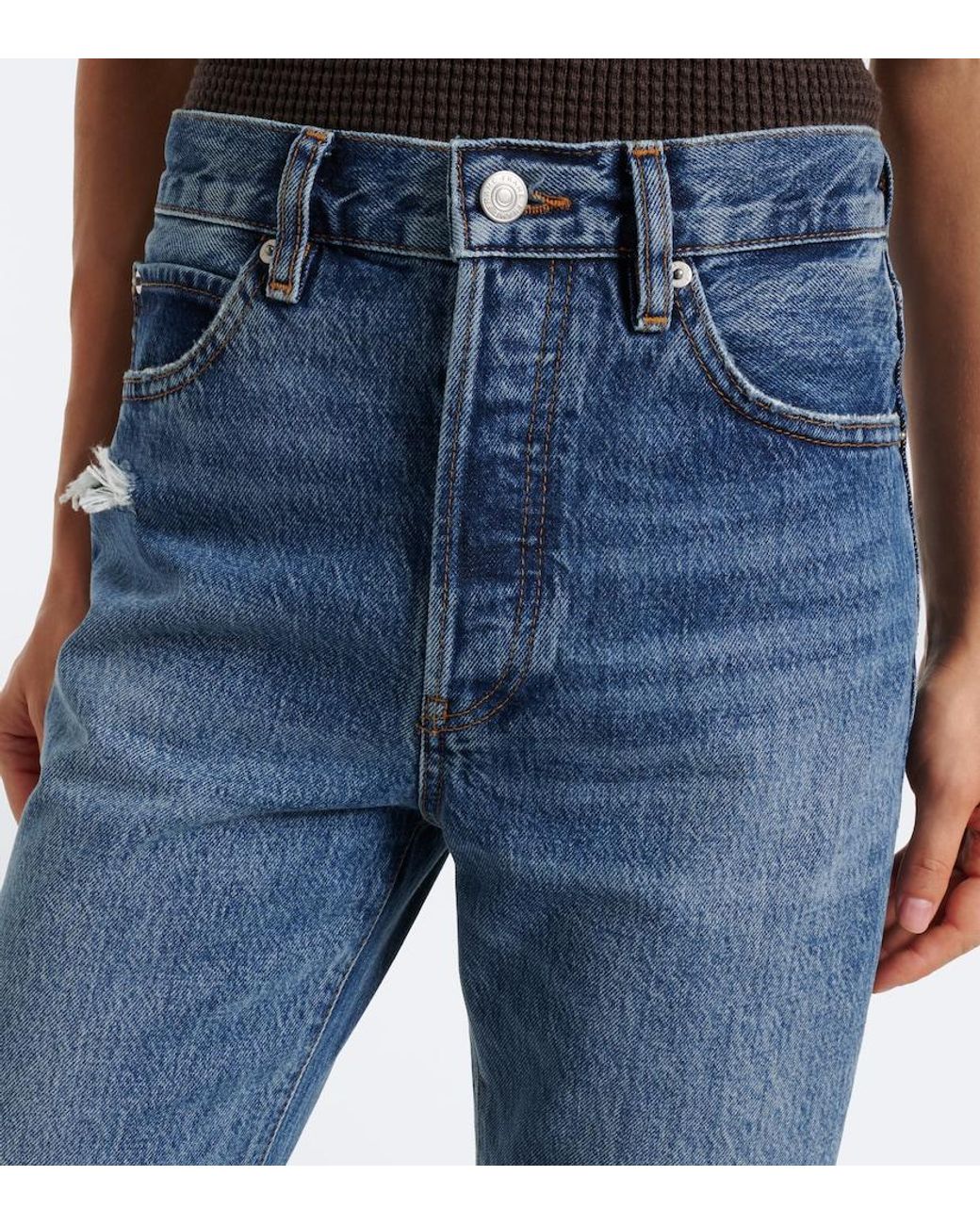 FRAME Blue The Vertical Distressed Straight Jeans
