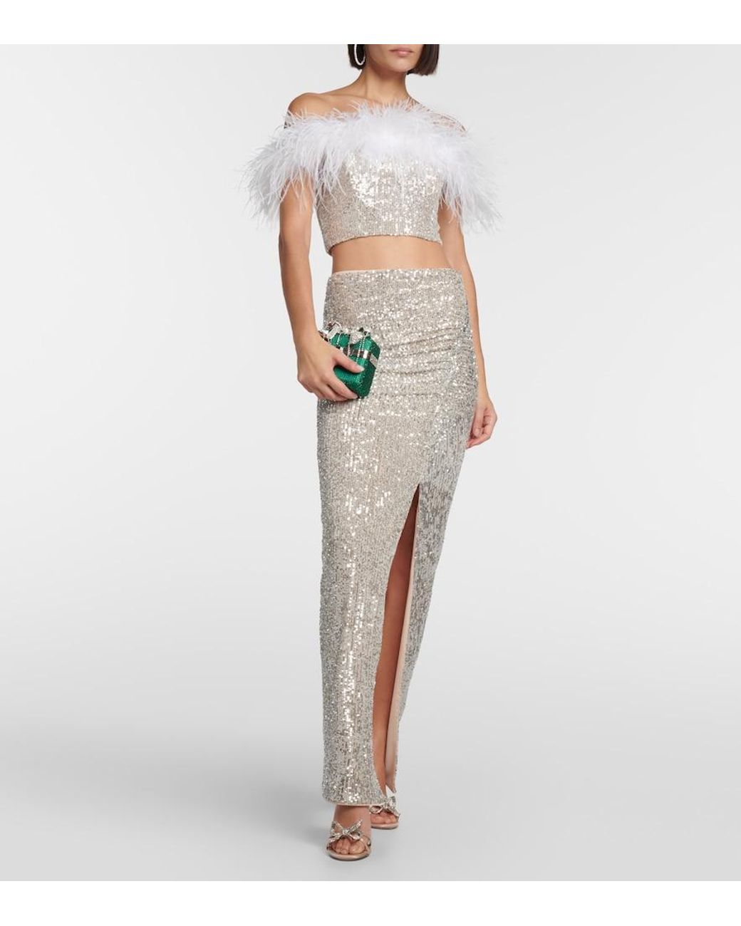 Self-Portrait White Sequined Feather-Trimmed Crop Top