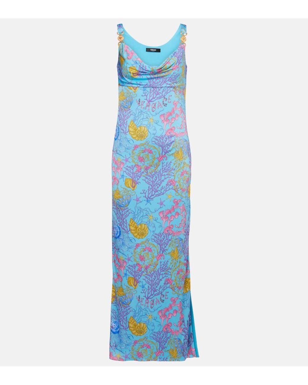 Versace Blue Underwater Barocco Draped Jersey Gown