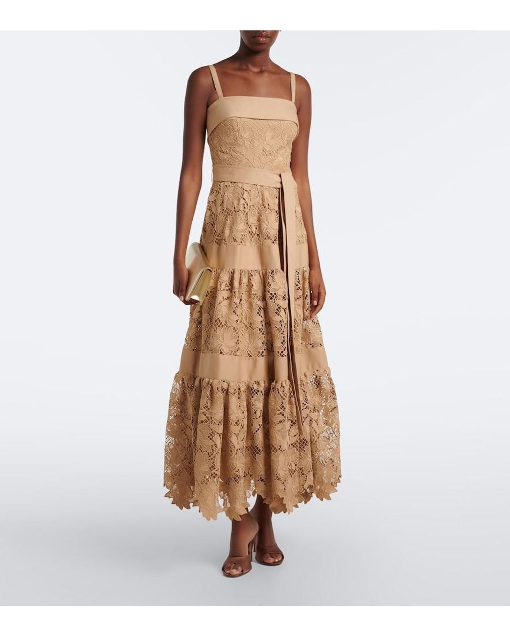 Elie Saab Natural Belted Tiered Guipure Lace Maxi Dress