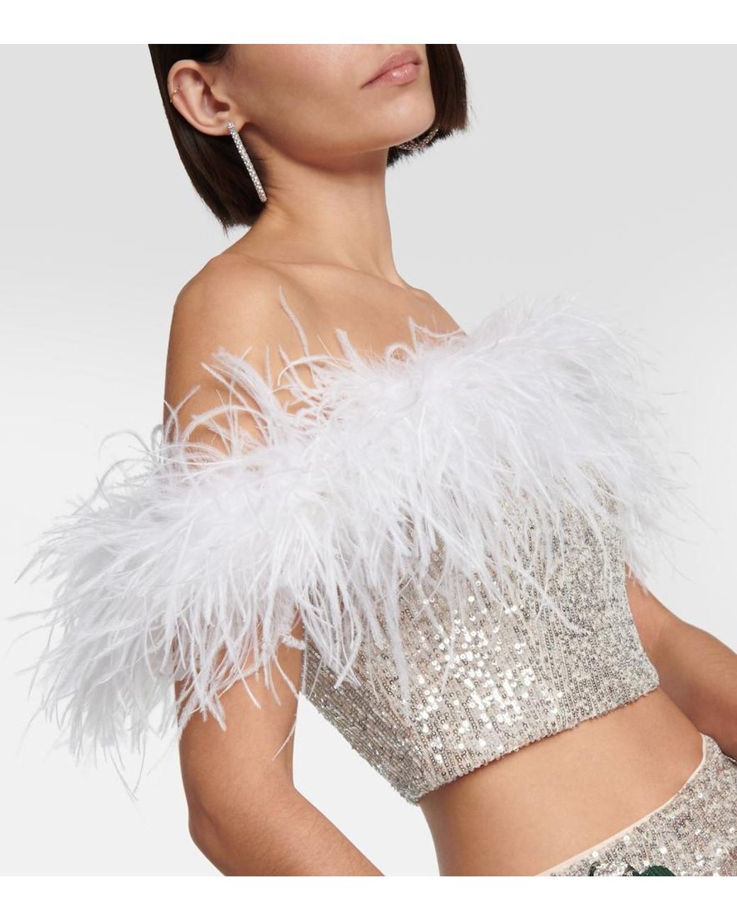 Self-Portrait White Sequined Feather-Trimmed Crop Top