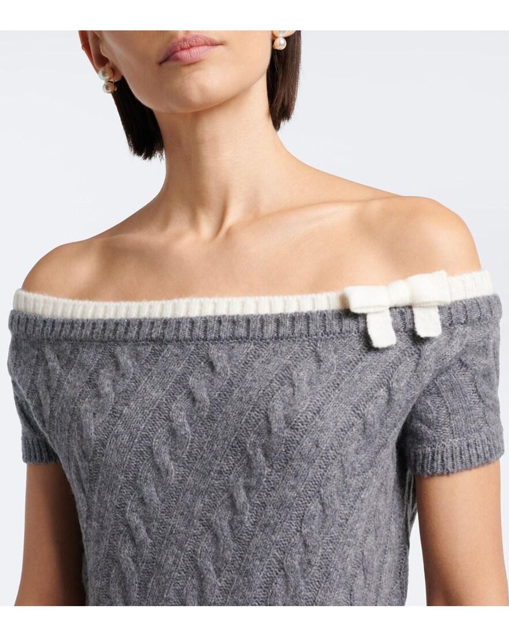 ShuShu/Tong Gray Cable-Knit Off-Shoulder Wool-Blend Sweater