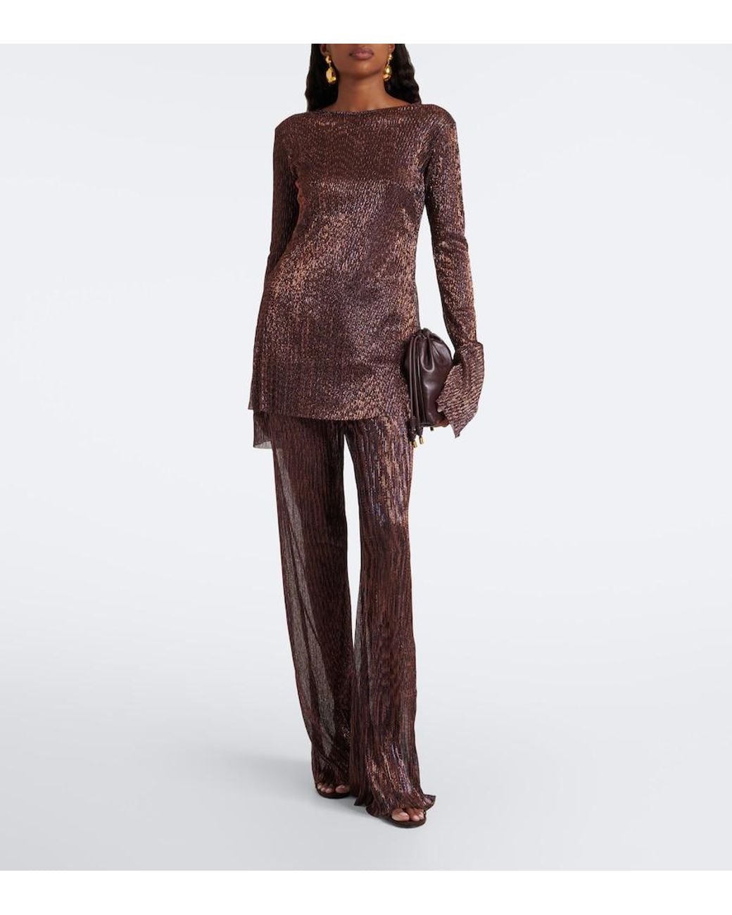 Cala De La Cruz Brown Loreta Knitted Lame Top