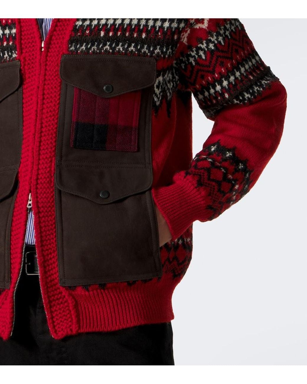 Junya Watanabe Red Suede-Trimmed Wool Zip-Up Cardigan for men