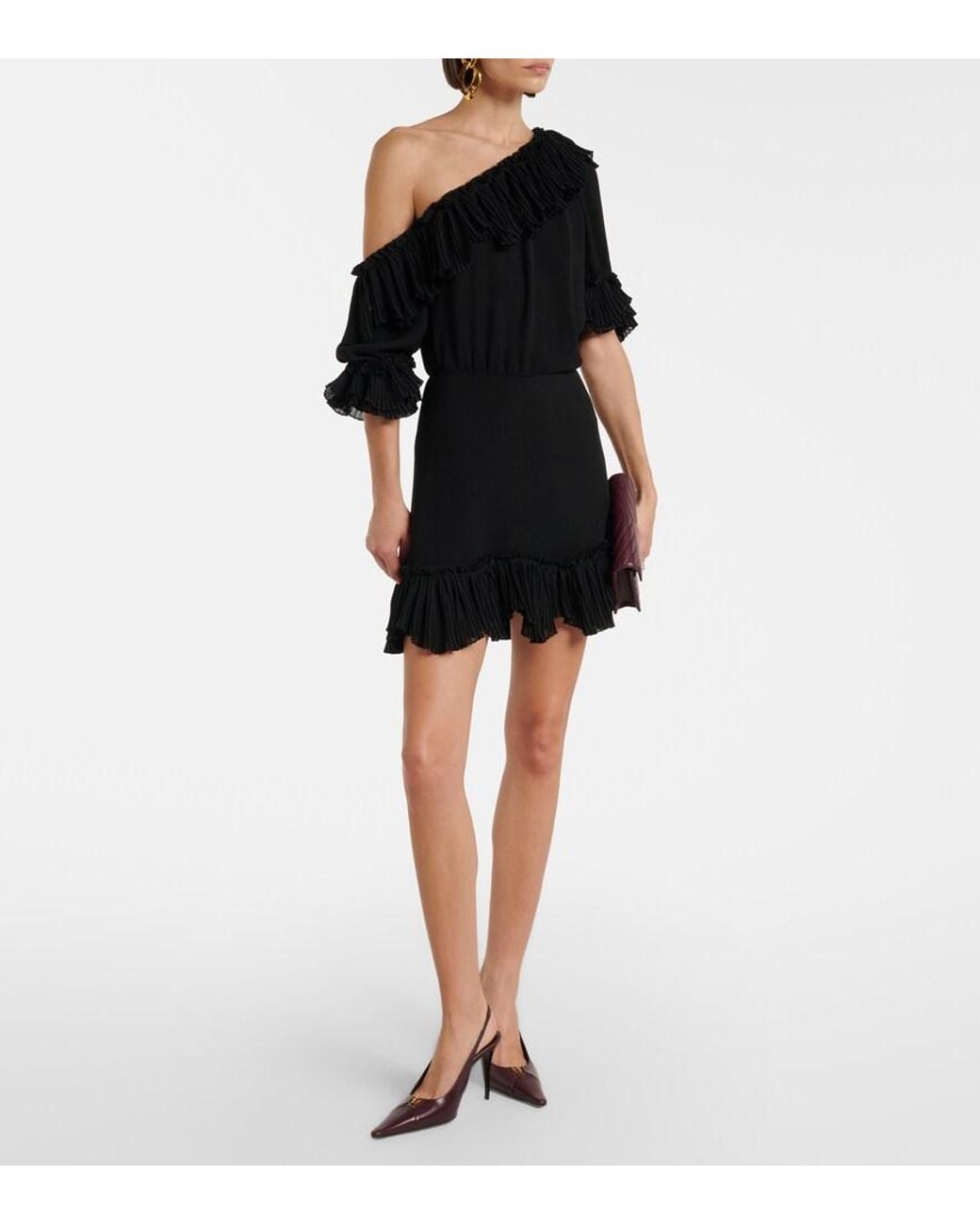 Saint Laurent Black Ruffled Silk Crepon Minidress