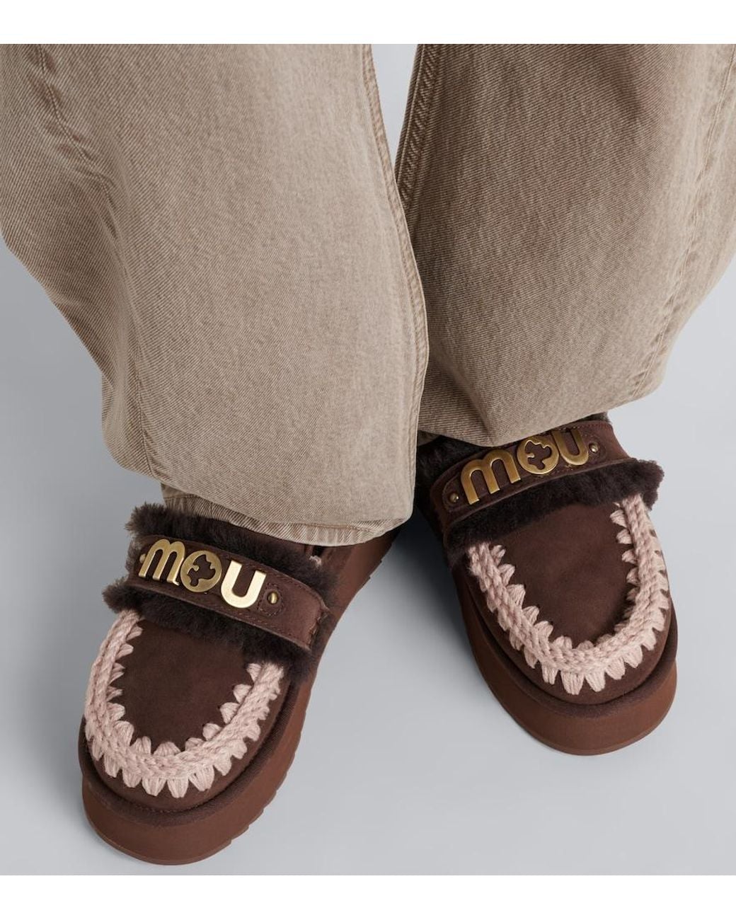 Mou Brown Shearling-Lined Suede Platform Mules