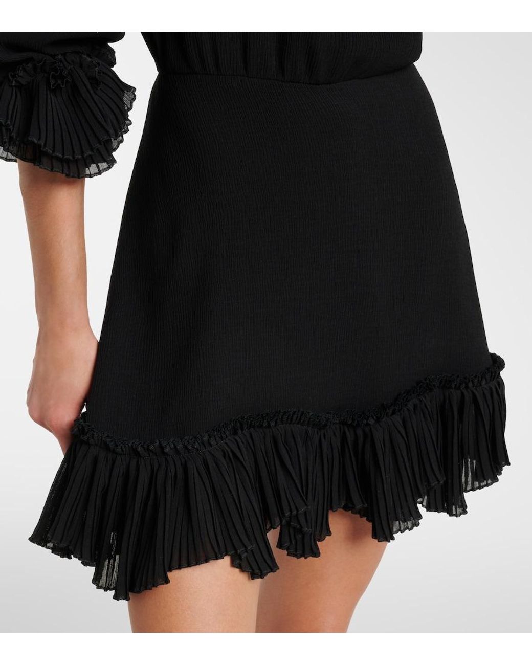 Saint Laurent Black Ruffled Silk Crepon Minidress