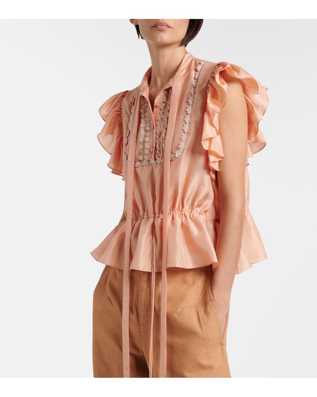 Chloé White Ruffled Lace-Trimmed Silk Top